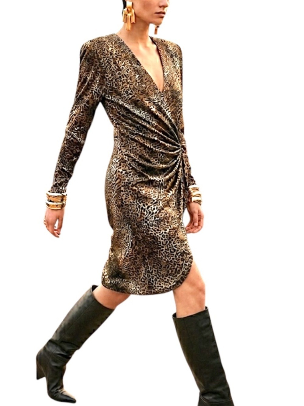 VTG 80s 90s leopard print retro mobwife draped statement shoulder wrap dress 15